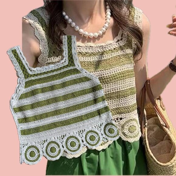 Crochet Tank – Green White Striped, Circle Hem, Boho Festival Top - Picture 1 of 7